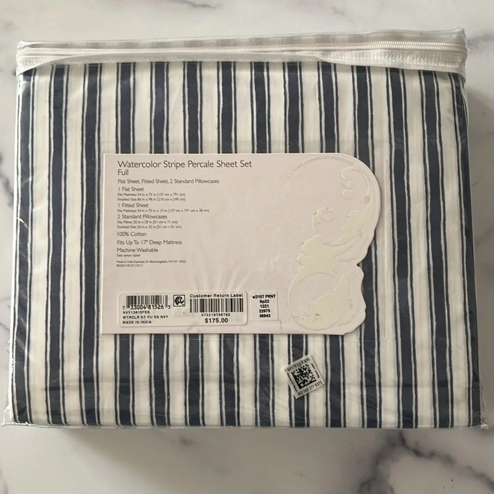 Sky Watercolor Stripe Percale Full Sheet Set, Navy White New w/Tag $175